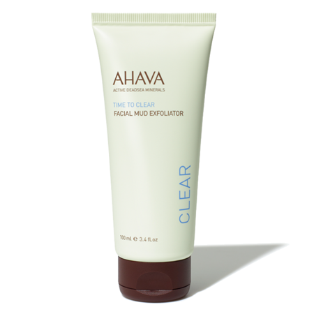 Light green tube of AHAVA Time to Clear Facial Mud Exfoliator, 100ml, featuring a white cap and clear text on the front, emphasizing its exfoliating properties.