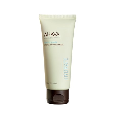 Light green tube with a brown cap, labeled "AHAVA Time to Hydrate Hydration Cream Mask," featuring blue text and a volume of 100ml/3.4oz, designed for women's skincare.