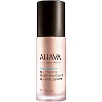 Clear glass bottle with a frosted finish, featuring a black pump cap, labeled "AHAVA Time to Smooth Age Control Brightening & Renewal Serum" in light blue and black text.
