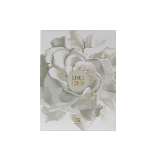 Elegant white box featuring a large, soft rose design with gold lettering that reads "Musk & Roses," representing the 75ml EDP by Ahmed Al Maghribi.