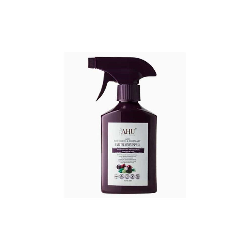 Dark purple spray bottle with a black trigger nozzle, featuring a white label that includes the product name "AHU Care AHU Red Onion and Rosemary Hair Treatment Spray" and key benefits.