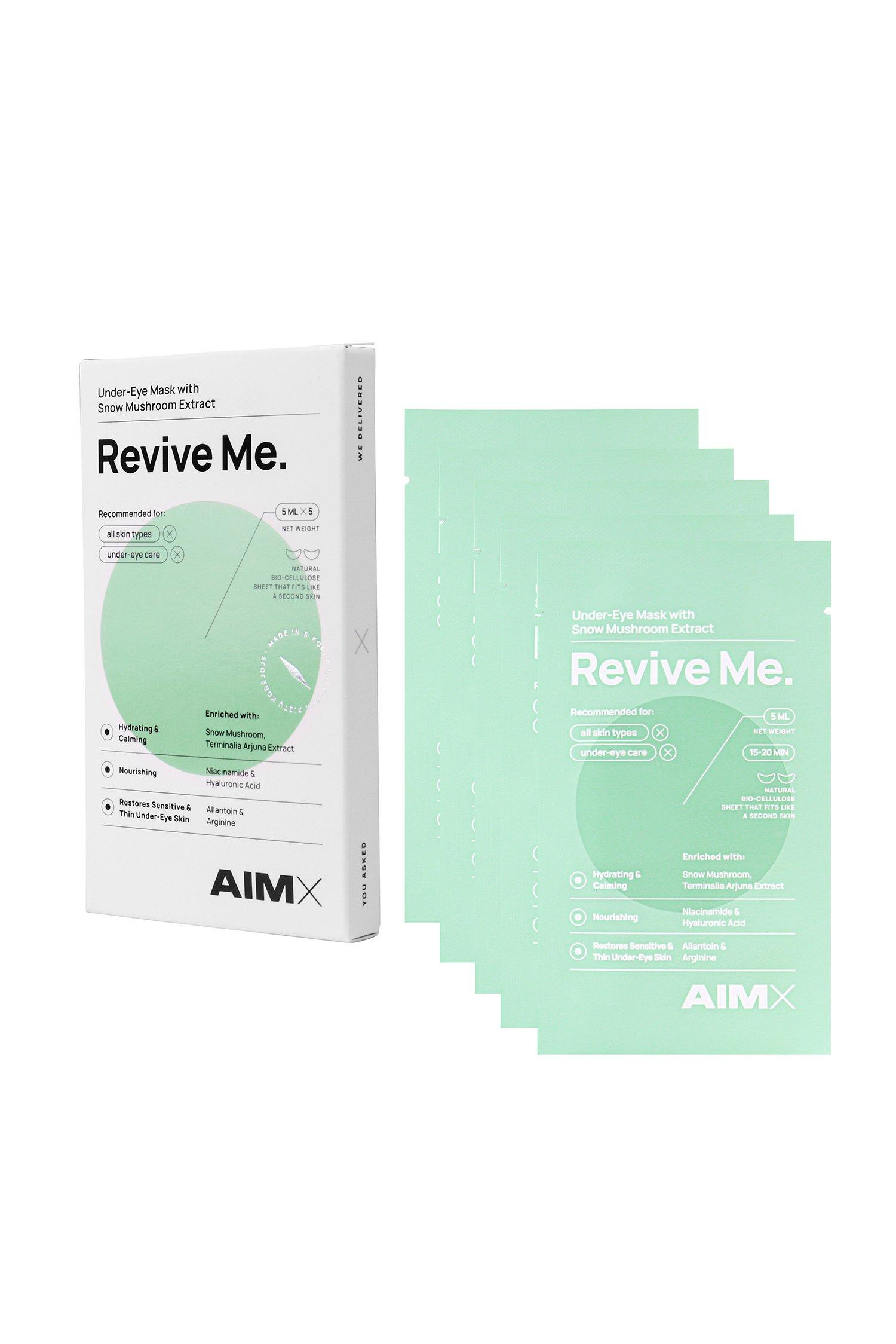 A sleek white box labeled "Revive Me" contains five mint green under-eye masks, designed for all skin types, featuring hyaluron for hydration and rejuvenation.