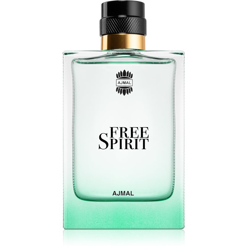 Clear glass bottle with a rectangular shape, featuring a black cap and a gold accent, labeled "FREE SPIRIT" by Ajmal, with a subtle green tint at the base.