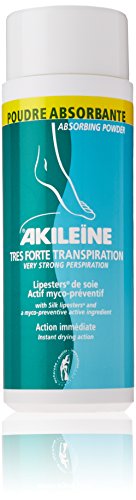 White cylindrical container of Akileine Absorbing Powder, featuring a blue and white label with text in French, indicating strong perspiration control and immediate action.