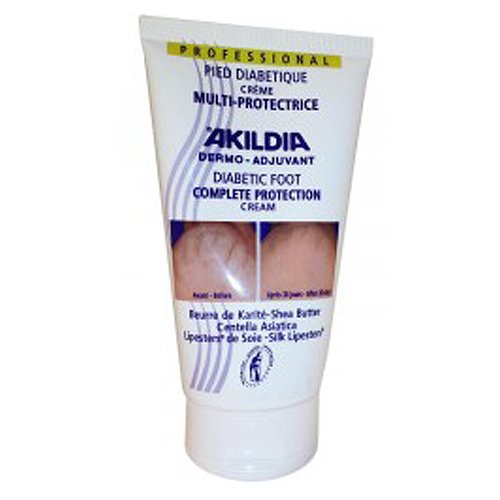 Large white tube of Akildia Diabetic Multi-Protective Foot Cream, 5 oz, featuring a blue and purple label with text in French and English, highlighting key ingredients like shea butter.
