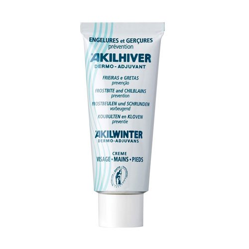 White tube of Akilhiver Akilwinter Chilblains cream, 30ml, featuring blue text and a sleek design, labeled for prevention of chilblains and frostbite on face, hands, and feet.
