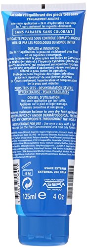 Blue tube of Akileine Hydra-Defense Balm, 4 Oz/125ml, featuring a flip-top cap and text highlighting its moisturizing properties, with a focus on dry feet care.