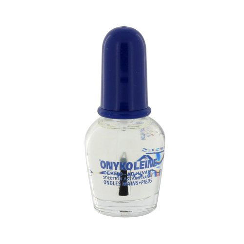 Clear glass bottle with a blue cap, containing 0.34 ounces of oil for fragile hand and toe nails, labeled "Akileine" and featuring a brush applicator.