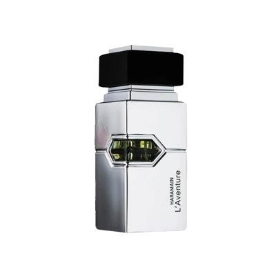 Silver rectangular bottle with a black cap, featuring a hexagonal design and green accents, labeled "L'Aventure" by Al Haramain, containing 6.7 oz of cologne.
