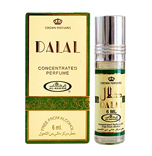 Green and gold box with "DALAL" in bold letters, containing a clear glass roll-on bottle of Al-Rehab Dalal Perfume Oil, 6ml, labeled as alcohol-free.
