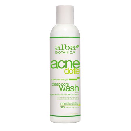 White bottle with a green label, featuring "Alba Botanica Acne Dote Deep Pore Face Wash" in bold text, 6 fl oz size, highlighting maximum strength and acne-fighting properties.