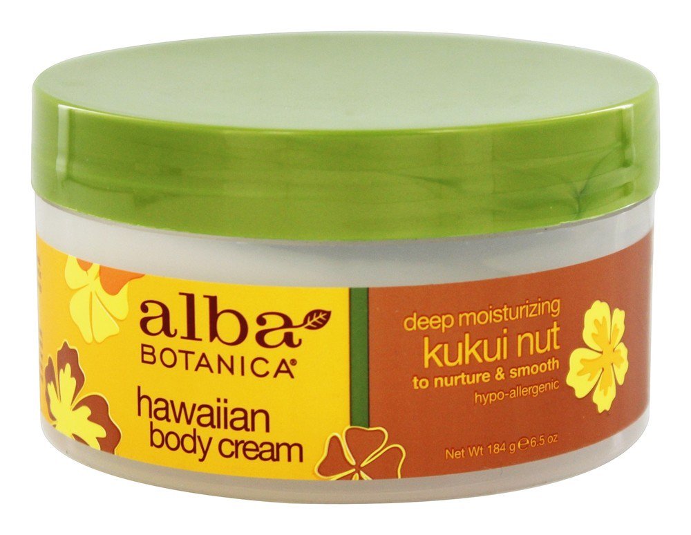 Alba Botanica Intense Hydration Whipped Body Butter in a clear container with a green lid, featuring a brown label with yellow hibiscus flowers and text highlighting kukui nut and moisturizing properties.
