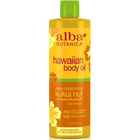 Yellow plastic bottle with a green cap, labeled "Alba Botanica Hawaiian Body Oil - Kukui Nut," featuring tropical flower graphics and stating it's hypo-allergenic and made with 100% vegetarian ingredients.