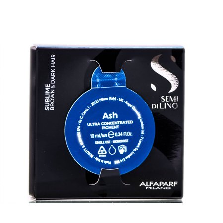 Alfaparf Milano Semi Di Lino Sublime Ash pigment in a blue container, housed in a sleek black box, designed for brown and dark hair, with a 10 ml capacity.