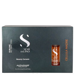 Black box packaging with a glossy finish, featuring the "Semi Di Lino" logo in white and "Cellula Madre" in orange, containing 12 small amber treatment vials.