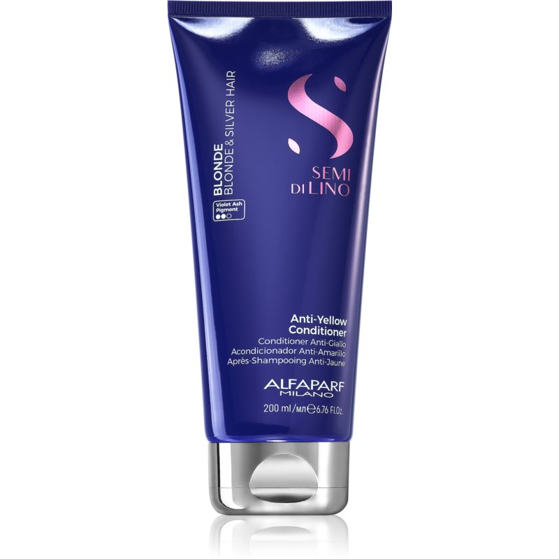 Purple tube of Alfa Parf Semi Di Lino Blonde Anti-Yellow Conditioner, 200 ml, featuring a sleek design with a glossy finish and white text highlighting its anti-yellow properties.