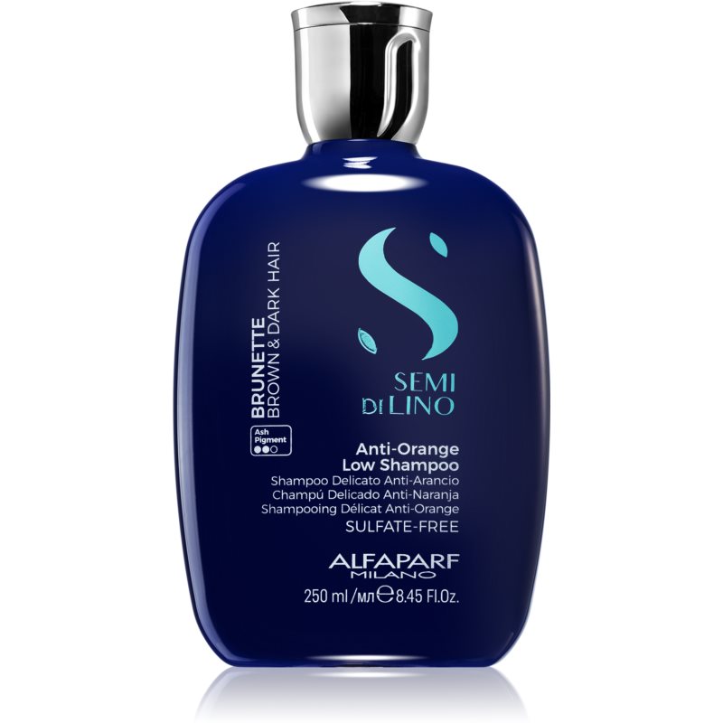 Blue bottle of Alfaparf Milano Semi Di Lino Brunette Anti-Orange Low Shampoo, 8.45 oz, featuring a sleek design and label highlighting anti-orange properties for brunette hair.