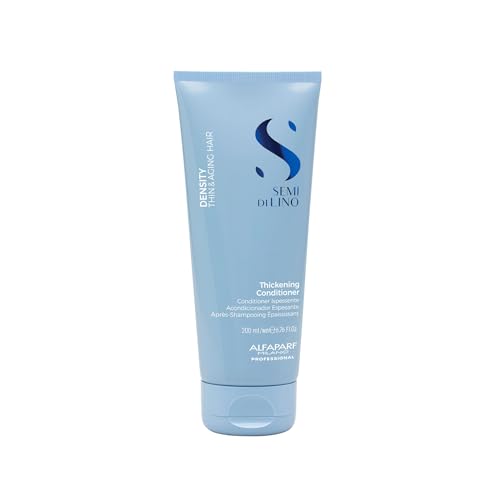 Light blue tube of Alfaparf Milano Semi Di Lino Thickening Conditioner, featuring a dark blue logo and white text, with a flip-top cap, 200ml size.