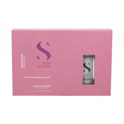Pink box containing six 13 ml vials of Alfaparf Milano Semi Di Lino Moisture Nutritive Essential Oil, featuring a sleek design and the brand logo prominently displayed.