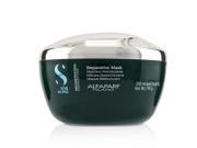Green jar with a transparent lid, labeled "AlfaParf Semi Di Lino Reconstruction Reparative Mask," designed for damaged hair, containing 200ml/6.88oz of product.