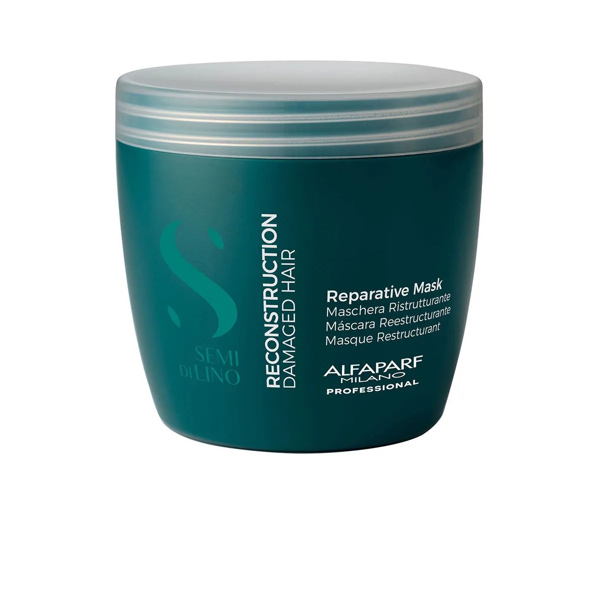 Turquoise jar with a silver lid, labeled "SEMI DI LINO RECONSTRUCTION REPARATIVE MASK" by Alfaparf, designed for unisex use, 16.9 oz size.