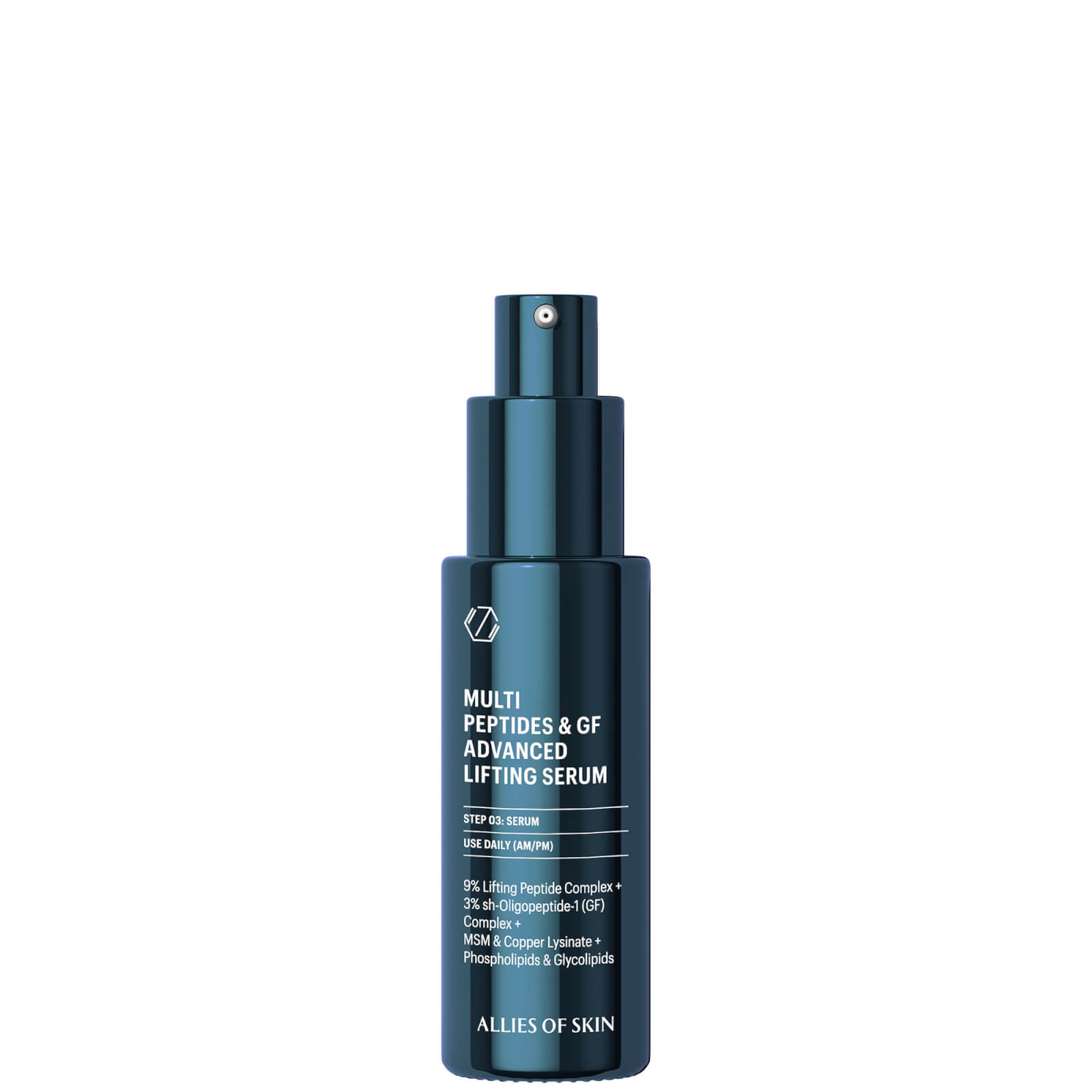 Dark blue glass bottle with a sleek design, featuring a pump dispenser and white text that reads "Multi Peptides & GF Advanced Lifting Serum 30ml" by Allies of Skin.