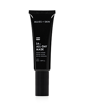 Black tube with a matte finish, featuring white text that reads "Allies of Skin" and "All-Day Mask," with a black cap, containing 50ml of purifying mask.