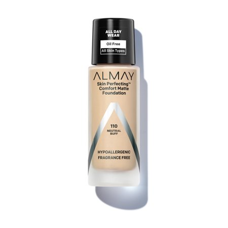 Almay Skin Perfecting Comfort Matte Liquid Foundation in 110 Neutral Buff, 1 Fl Oz, features a sleek bottle with a black cap, labeled as oil-free and hypoallergenic.
