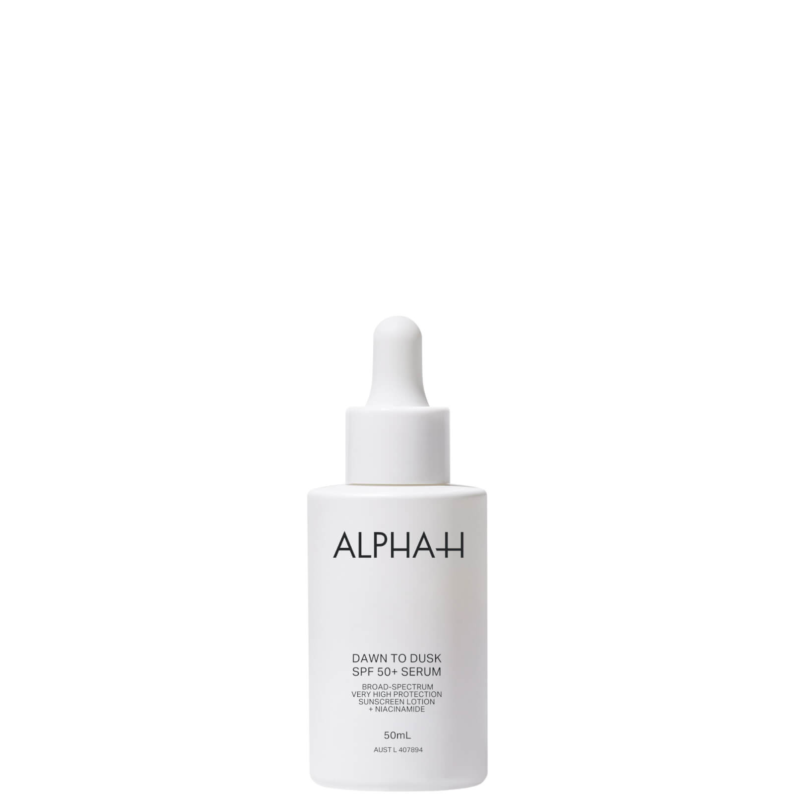 White glass bottle with a dropper, labeled "ALPHA-H DAWN TO DUSK SPF 50+ SERUM," featuring a minimalist design, suitable for all skin types, 50ml size.