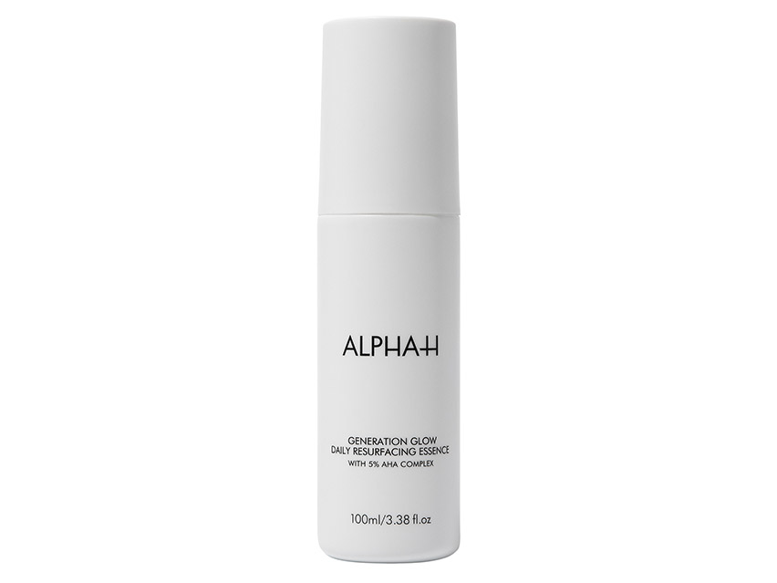 White cylindrical bottle with a matte finish, featuring black text that reads "ALPHA-H" and product details, including "Generation Glow Daily Resurfacing Essence" and "5% AHA Complex."