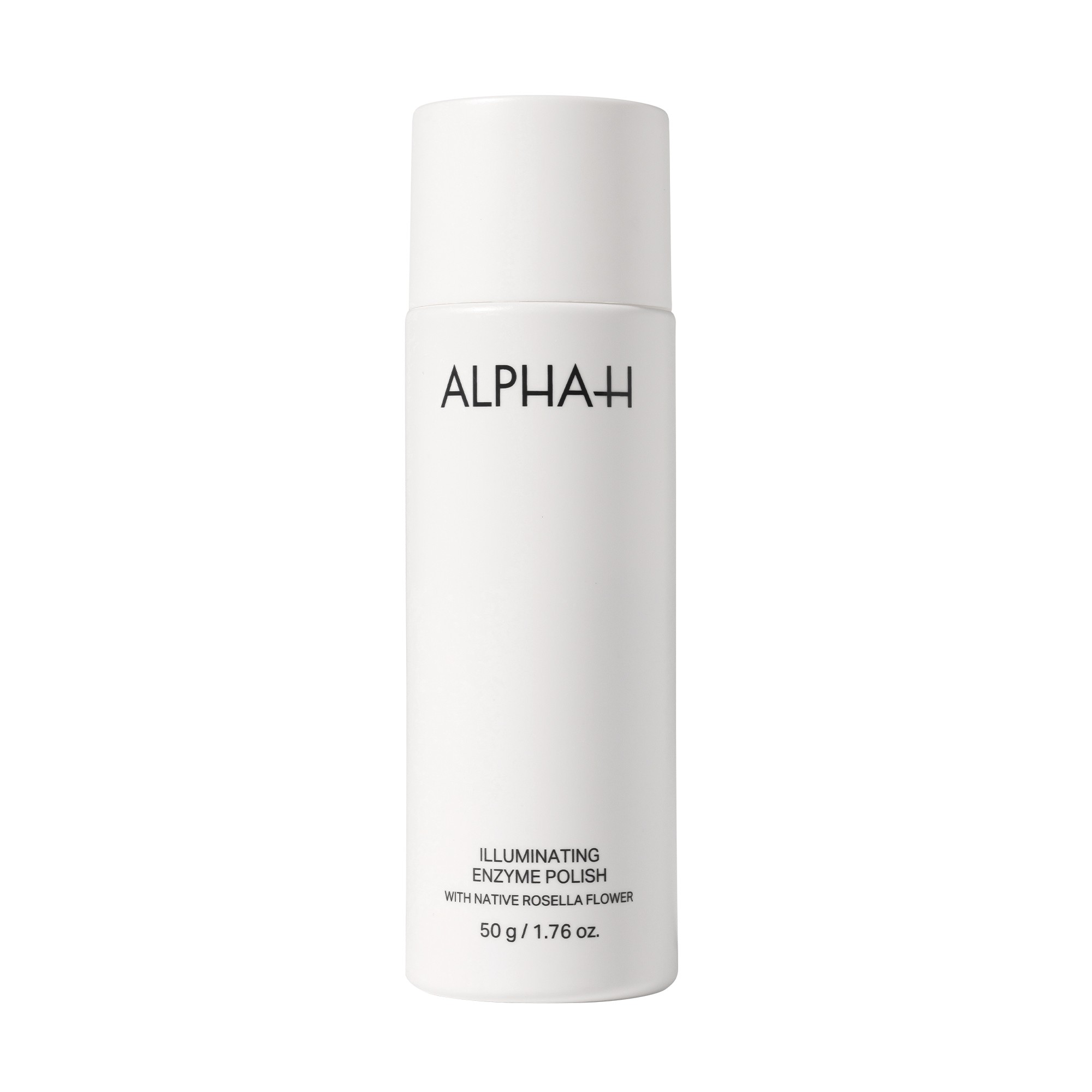 White cylindrical bottle with a sleek design, labeled "ALPHA-H" in bold black letters, containing 1.76 oz of illuminating enzyme polish with native rosella flower.