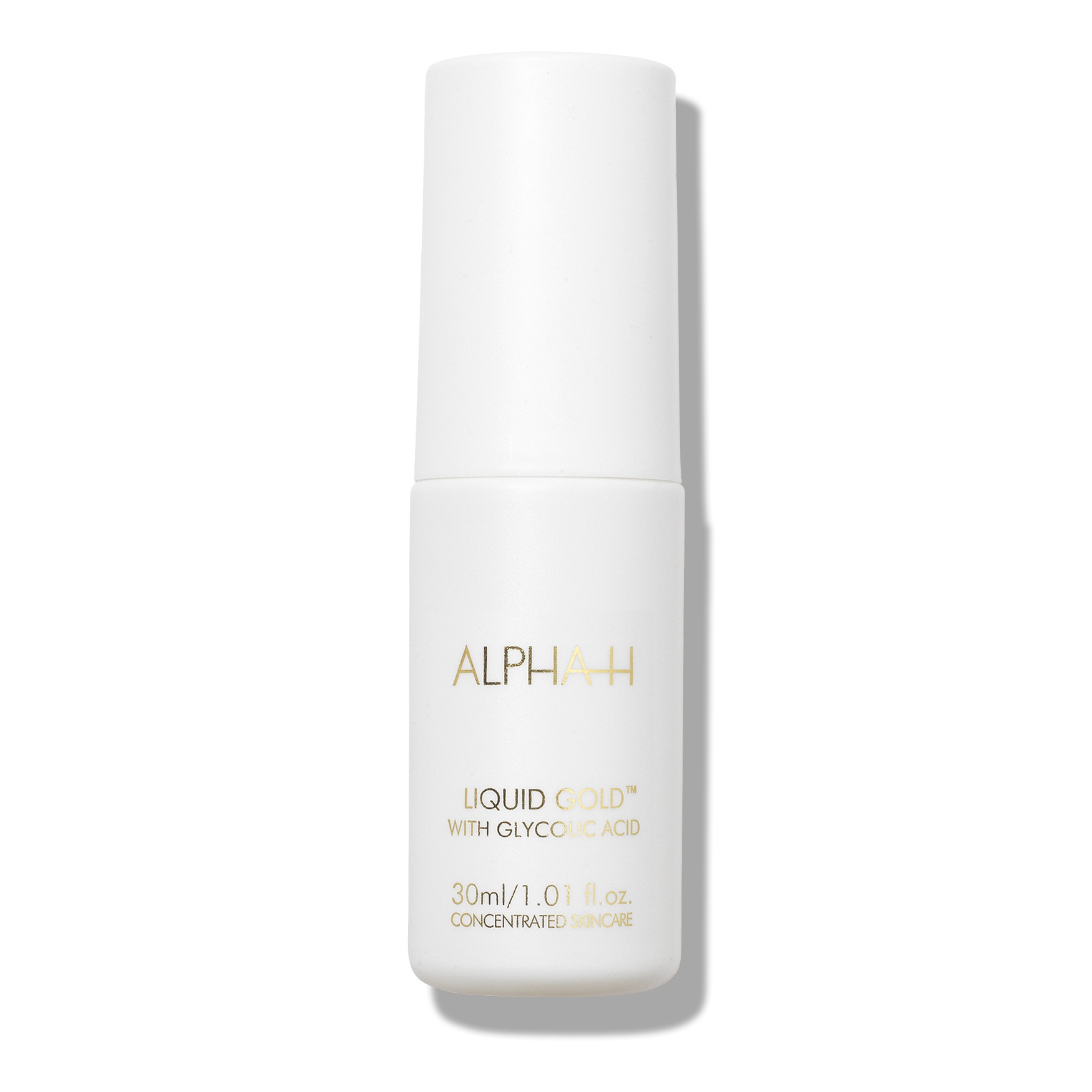 White cylindrical bottle with a pump top, featuring gold text that reads "ALPHA-H LIQUID GOLD with Glycolic Acid," indicating a 30ml concentrated skincare treatment.