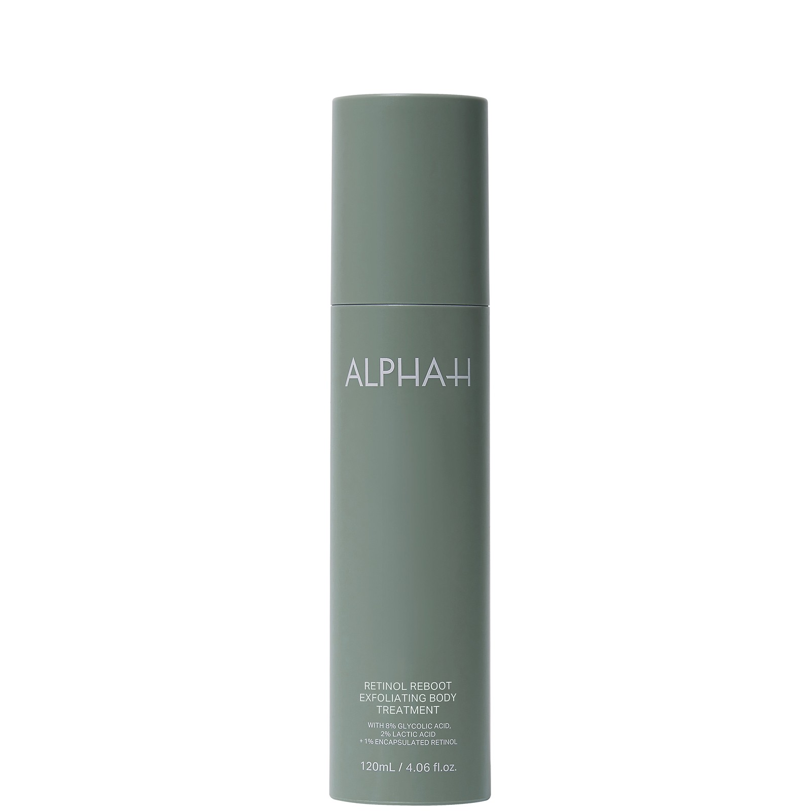 Green cylindrical bottle with a matte finish, featuring the text "ALPHA-H" prominently on the front, containing 120ml of Retinol Reboot Exfoliating Body Treatment for all skin types.