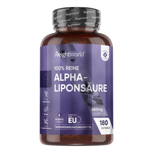 Transparent bottle with a dark purple label, featuring "WeightWorld" branding, highlighting "100% reine Alpha-Liponsäure" and "650 mg" per capsule, containing 180 capsules.