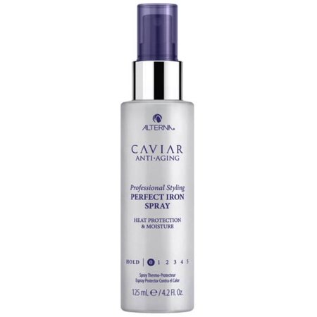 Clear spray bottle with a silver base and purple accents, labeled "CAVIAR ANTI-AGING," containing 4.2 oz of heat protection styling spray.