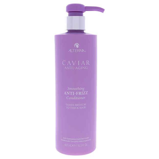 Purple plastic bottle with a pump top, labeled "CAVIAR ANTI-AGING Smoothing Anti-Frizz Conditioner," 16.5 oz, designed for medium to thick hair.