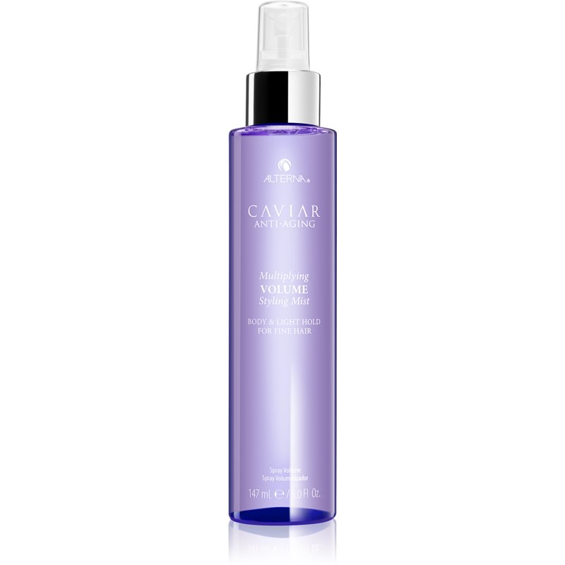Purple spray bottle with a clear cap, labeled "Caviar Multiplying Volume Styling Mist" by Alterna, featuring a sleek design and 147 ml capacity for enhancing hair volume.