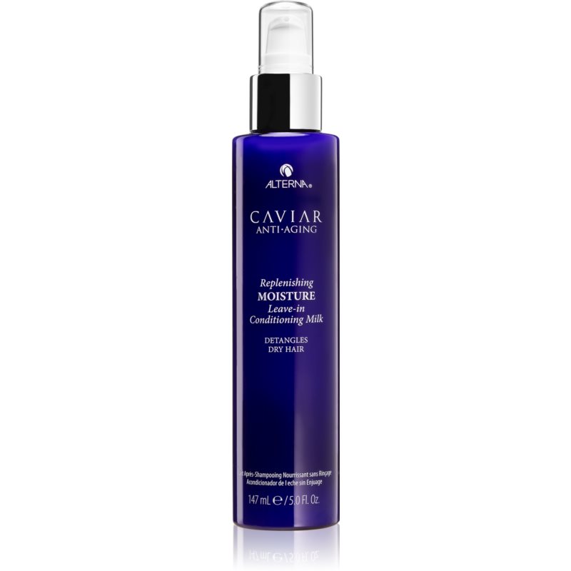 Purple spray bottle with a sleek design, featuring a pump top and labeled "Caviar Anti-Aging Replenishing Moisture Leave-In Conditioning Milk" in white text.