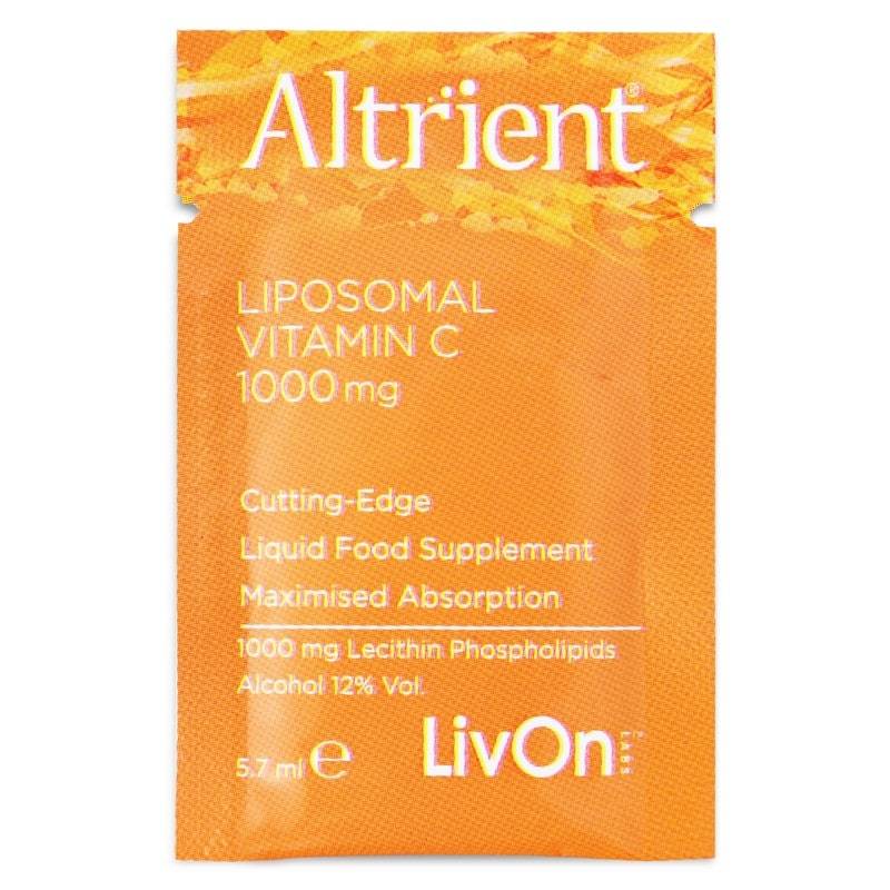 Orange sachet labeled "Altrient Liposomal Vitamin C 1000 mg," featuring a vibrant design, with details on cutting-edge liquid food supplement and maximized absorption.