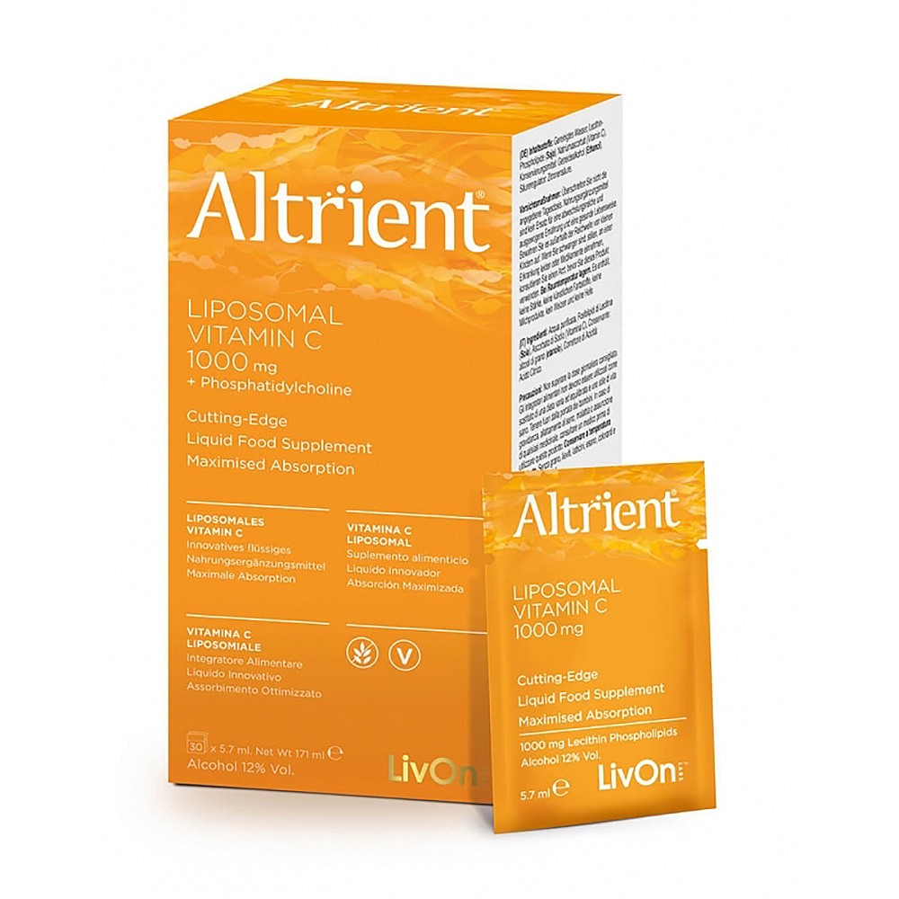 Bright orange box labeled "Altrient Liposomal Vitamin C 1000mg" with 30 sachets, featuring a sleek design and clear product details, emphasizing its liquid food supplement benefits.
