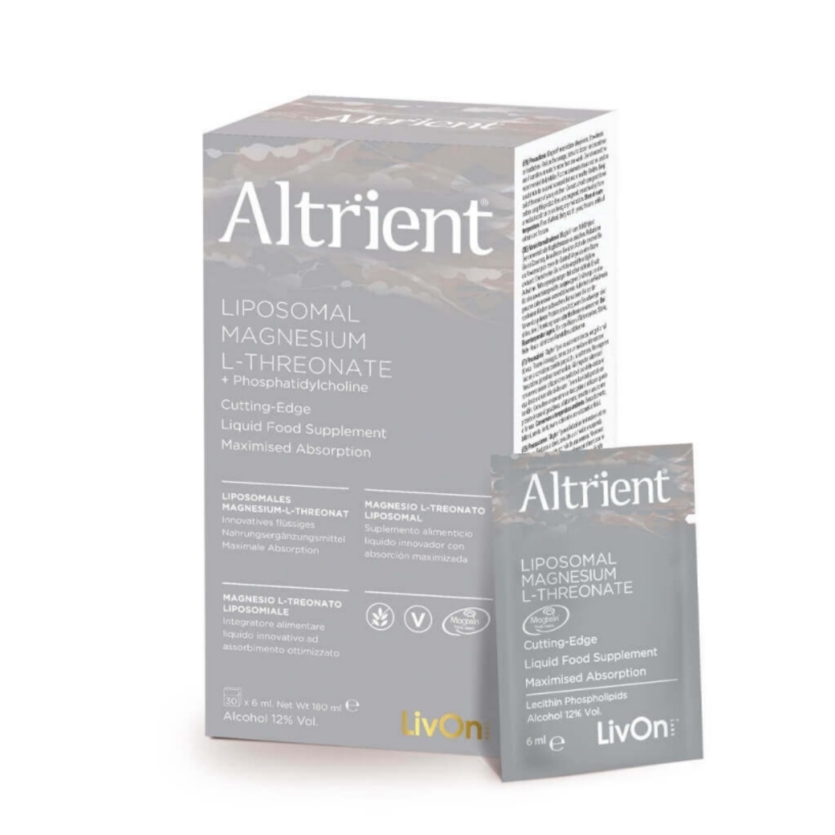 Altrient Liposomal Magnesium L-Threonate box in grey with a camo pattern, featuring 30 sachets, each labeled for liquid food supplementation and maximum absorption.