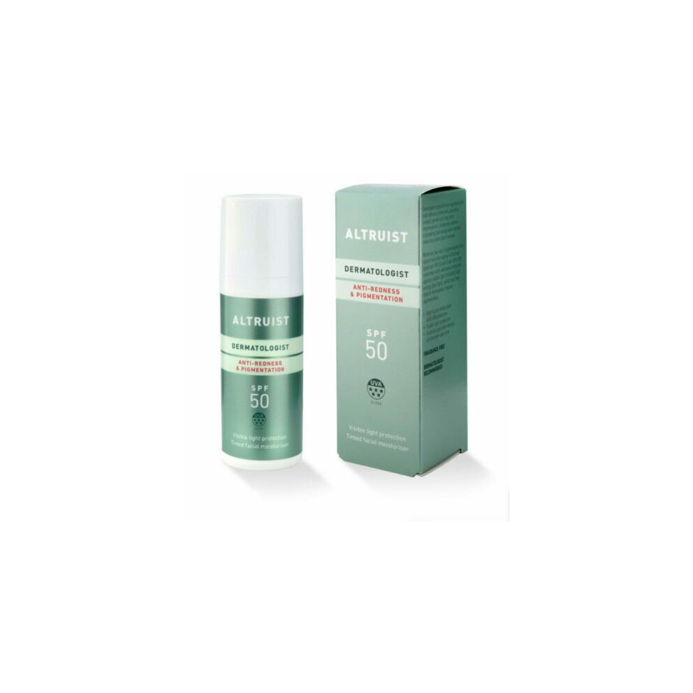 Green and white cylindrical bottle with a pump top, labeled "Altruist Dermatologist Anti-Redness & Pigmentation SPF 50," alongside a matching green box.