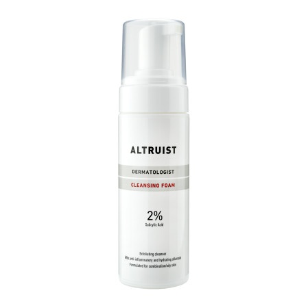 White bottle with a pump dispenser, labeled "ALTRUIST DERMATOLOGIST CLEANSING FOAM," featuring 2% salicylic acid, designed for rejuvenating and refreshing the skin.