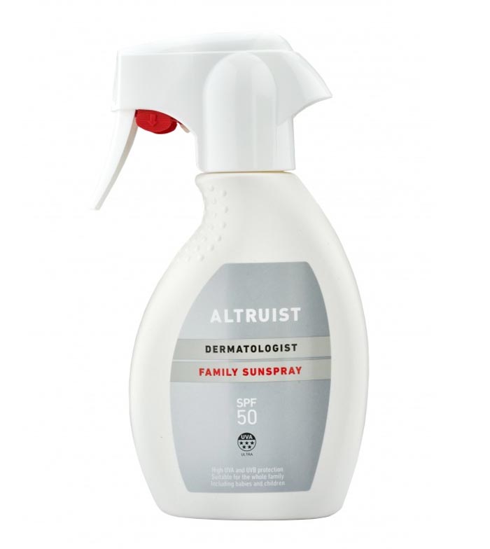 White plastic spray bottle with a red trigger, labeled "Altruist Family Sunspray SPF50," featuring a grey and white design, offering high UVA & UVB protection in a 250ml size.