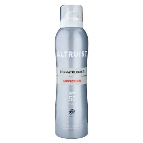 Gray spray bottle with a clear cap, labeled "ALTRUIST DERMATOLOGIST SUNSCREEN SPF 50," featuring a sleek design and 200 ml capacity.