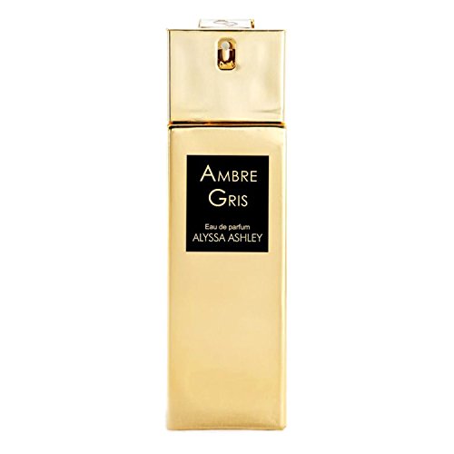 Gold rectangular bottle with a sleek design, featuring a black label that reads "Ambre Gris" and "Alyssa Ashley," topped with a gold spray nozzle.