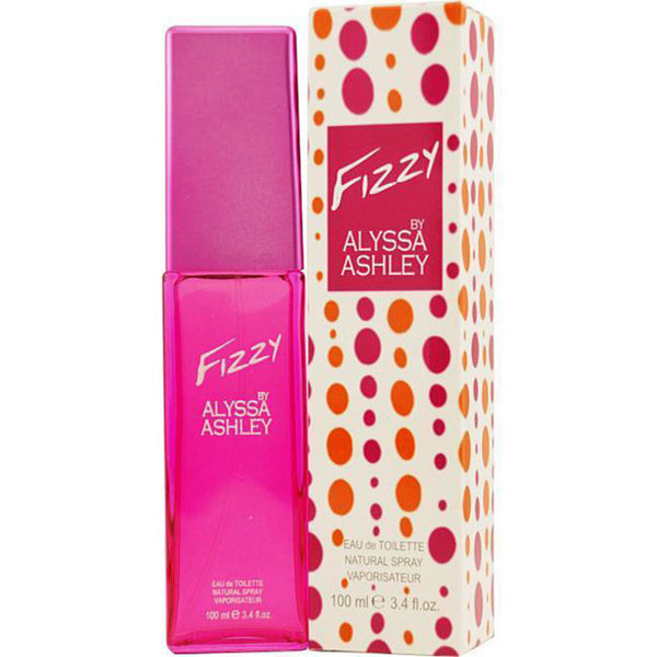 Bright pink rectangular bottle of Alyssa Ashley Fizzy Eau De Toilette with a purple cap, alongside a colorful polka-dotted box, both featuring the brand name and product details.