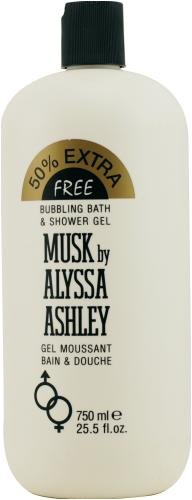 White bottle of Alyssa Ashley Musk shower gel, 750 ml, featuring a black label with gold accents, and a "50% Extra Free" banner at the top.