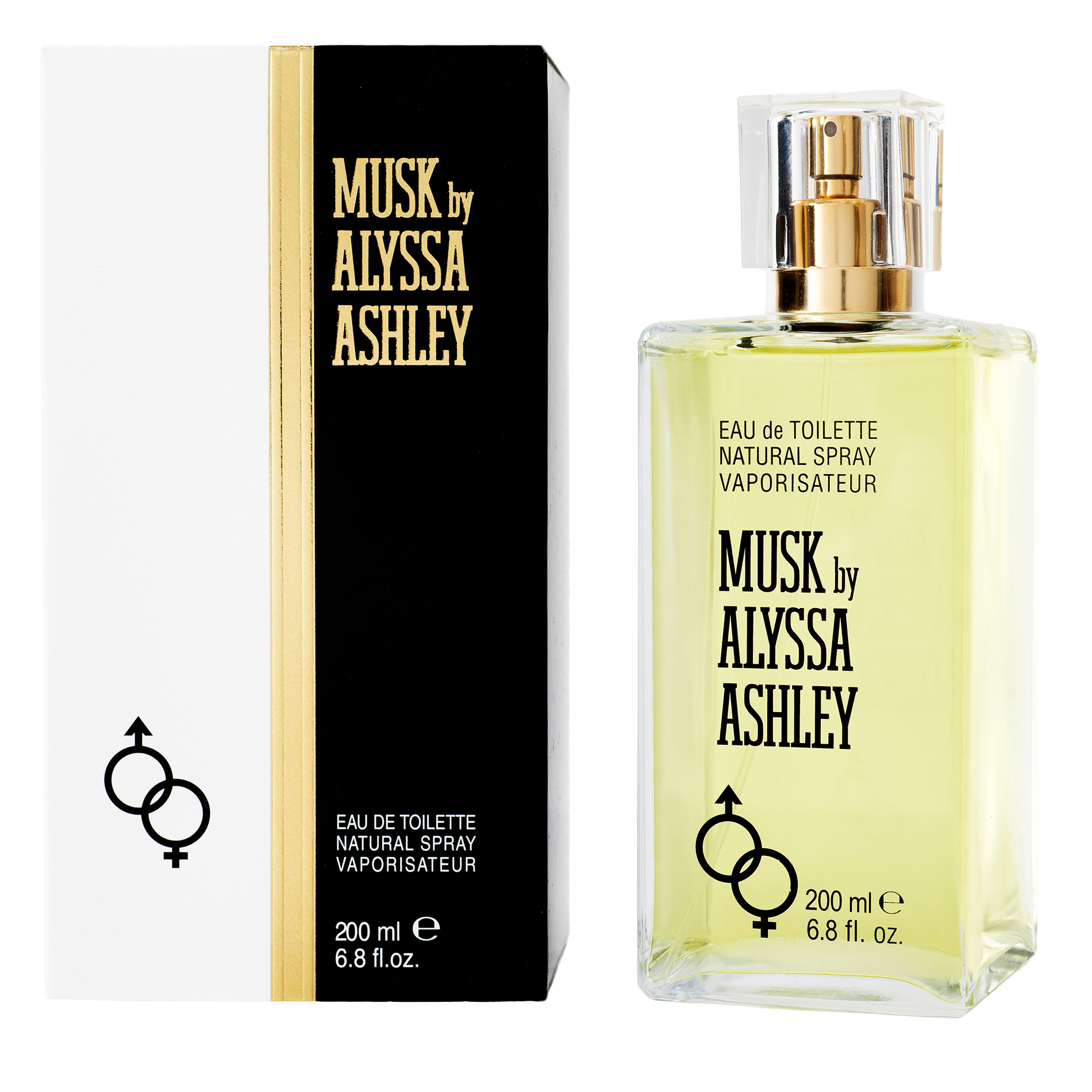 Clear glass bottle with a gold cap, featuring a yellow perfume inside, alongside a black and white box with gold accents, labeled "Musk by Alyssa Ashley" in bold text.
