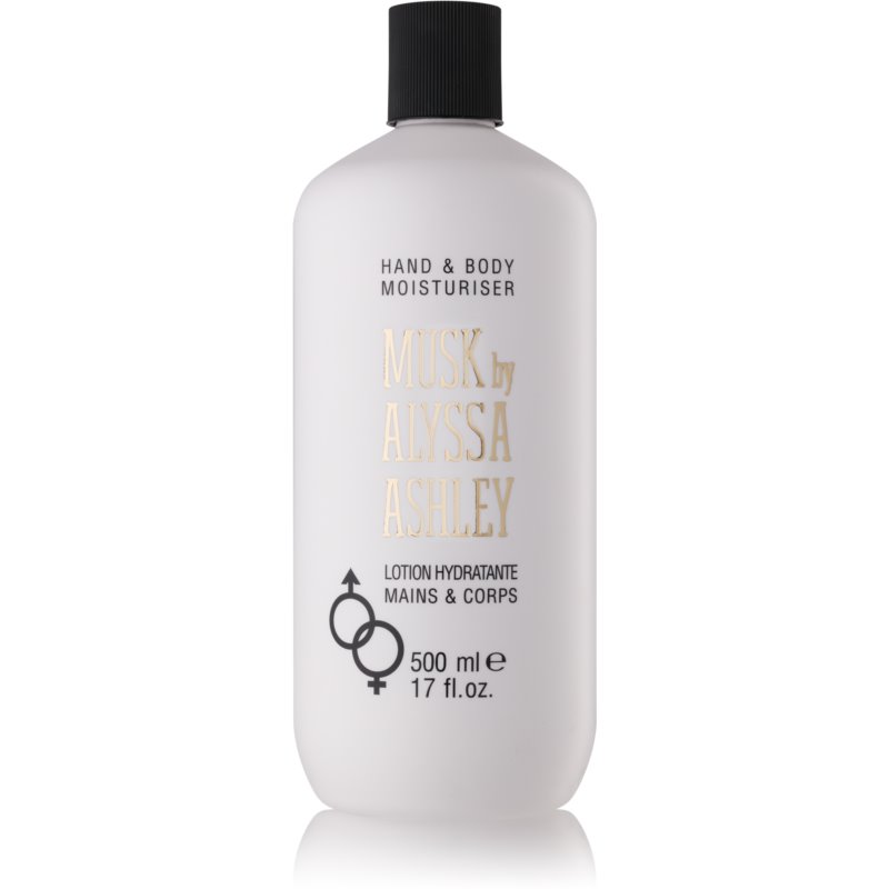 White, sleek bottle of Musk Alyssa Ashley Moisturising Lotion, featuring gold text, a black cap, and a 500ml capacity, designed for hand and body use.